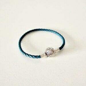 PANDORA Turquoise Braided Leather Charm Bracelet with Shell Closure